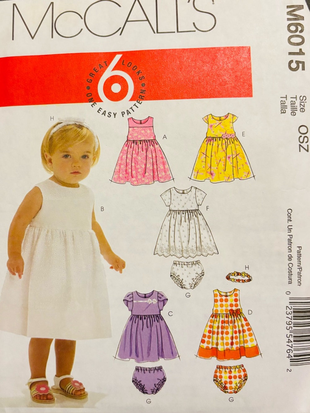 McCall’s M6015   Infant Dress Panties Headband Set Size S-L Pre Owned